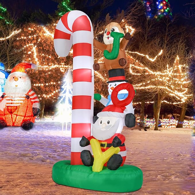 Christmas Inflatables Christmas Blow Up Yard Decorations Christmas Inflatable Candy Cane Santa Clause Snowman Reindeer Holding Joy LED Lighted Up Yard Lawn Garden Home Party Decor