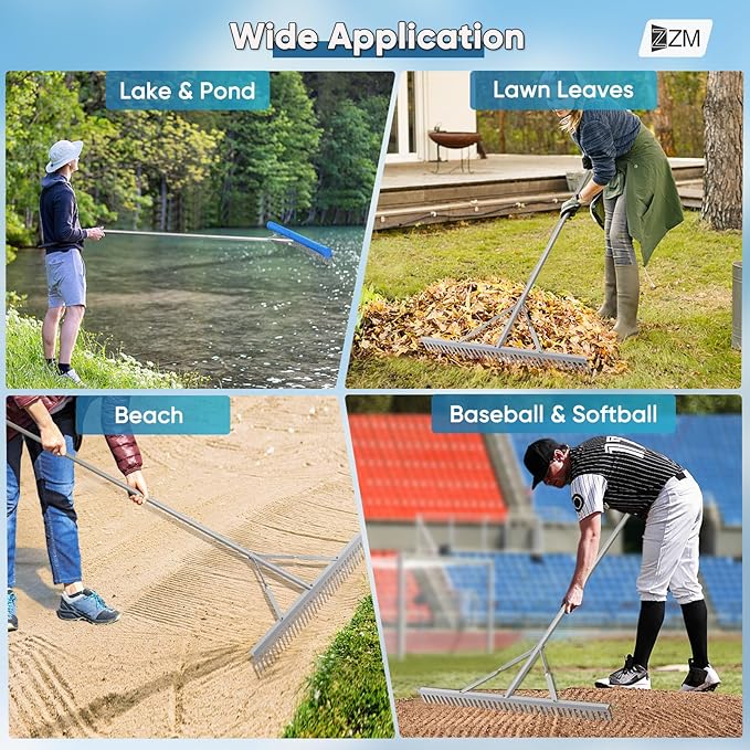 Floating Lake Rake, Leaf Collector for Gardening, 36" Aluminum Landscape Rake with Adjustable Handle, 33FT Rope & Float, Weed Algae Removal, Multifunctional Detachable Aquatic Weed Rakes