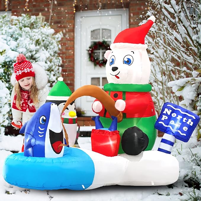 Christmas 5FT Giant Inflatables Outdoor Decorations Polar Bear Fishing with Penguin Blow UpCute Led Lighted Inflatable Yard Decor for Indoor Outside Lawn Garden Winter Xmas Holiday Vacation