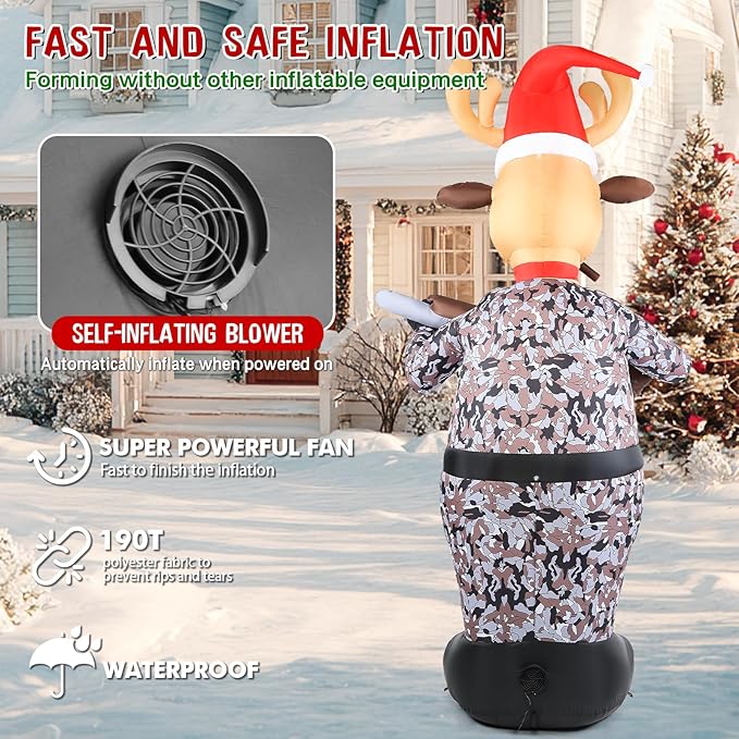 Christmas Inflatable Outdoor Decorations, 7FT Inflatables Camouflage Reindeer Yard Decor with Hat & Gun, LED Lights Blow up Giant Deer Holiday Decoration for Indoor Outside Lawn Garden Soldier Army