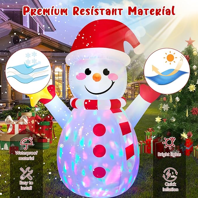 5FT Snowman Inflatable Outdoor Christmas Inflatables Blow Up Yard Decorations, Built-in Colorful Rotating LEDs Funny Merry Xmas Snow Man Decor with Star & Smile for Holiday Garden Patio Lawn Party