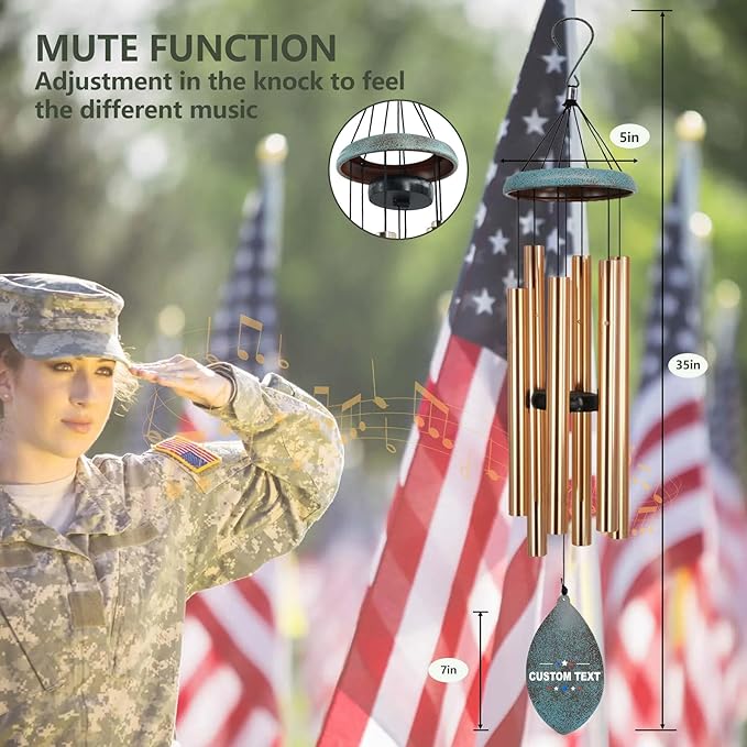 Personalized Wind Chimes Memorial Gifts for US Veteran, Custom Wind Chimes Memory Gifts for Military, Sympathy Windchime for Soldiers in Navy, Air Force, Army(Produced in USA)