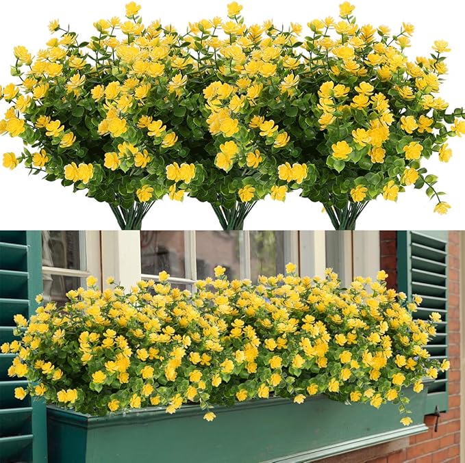 8 Bundles Artificial Flowers, Fake Artificial Greenery UV Resistant No Fade Faux Plastic Plants for Wedding Bridle Bouquet Indoor Outdoor Home Garden Kitchen Office Table Vase (Yellow)