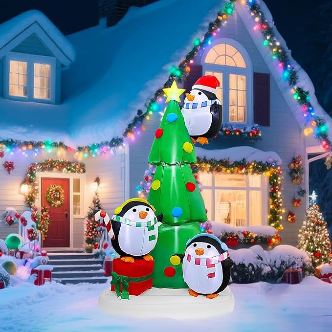 Joliyoou 8FT Christmas Inflatable Yard Decoration, Blow Up Giant Christmas Tree with Penguins Placing Star, Air-Blown Outdoor Holiday Display with Built-in LED and RGB Lights for Xmas Lawn Decor