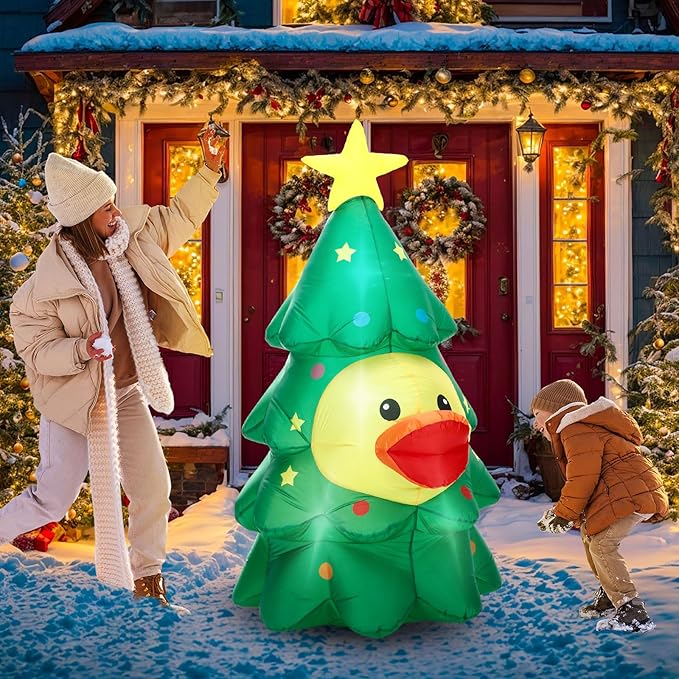 Leyndo 5FT Christmas Inflatables Decoration Outdoor Inflatables Duck with Build-in LEDs Lights Giant Blow Up Duck Wear Christmas Tree Costume for Mall Garden Patio Lawn Indoor Party