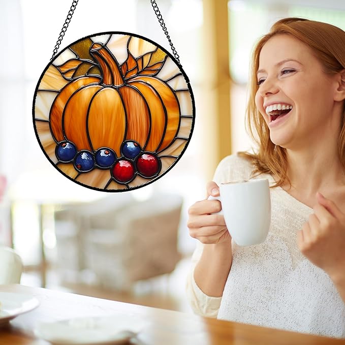 Stained Glass Window Hanging Fall Pumpkin Berries 7.8" - Suncatcher Door Garden Kitchen Sunroom Sun Catcher Autumn Home Decor Birthday for Mom Grandma Men Woman
