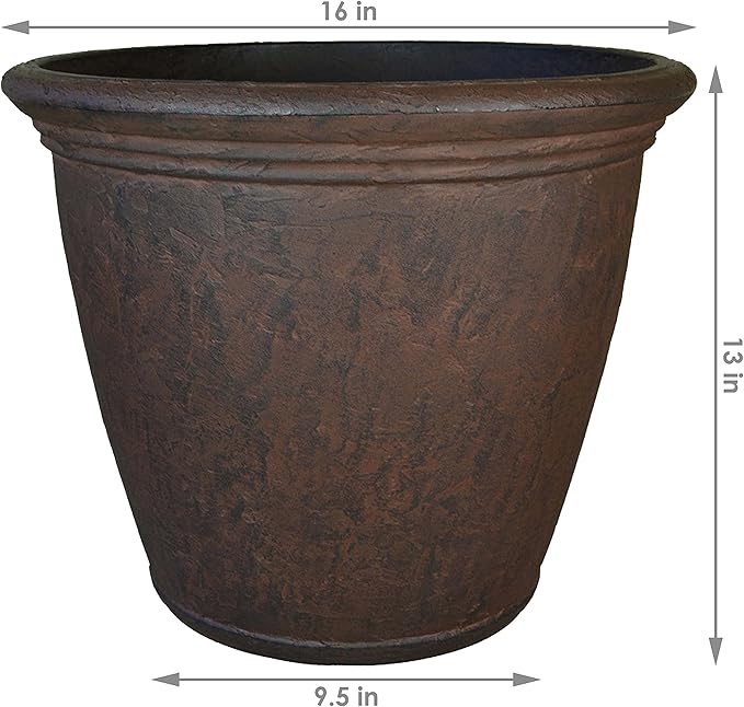 Sunnydaze 15.25-Inch Anjelica Large Plastic Pot for Plants - Double-Walled Outdoor Polyresin Round Planter with Drillable Drainage Holes - Rust