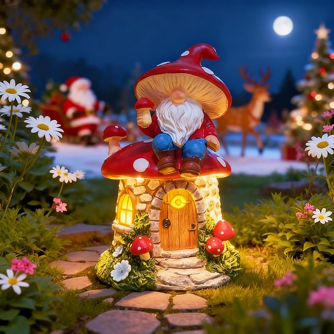 Solar Garden Gnome Decorations Outdoor Statue, 8.3" Fairy Gnomes House Ornaments for Outside, Mushroom Decor for Yard Patio Lawn Proch, Gardening for Women Mom Grandma Kids