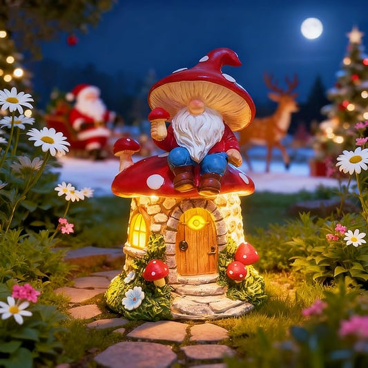 Solar Garden Gnome Decorations Outdoor Statue, 8.3" Fairy Gnomes House Ornaments for Outside, Mushroom Decor for Yard Patio Lawn Proch, Gardening for Women Mom Grandma Kids