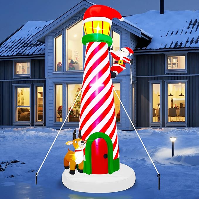 10FT Christmas Inflatable Yard Decoration, Giant Blow Up Lighthouse with Santa and Reindeer with Built-in LED Lights & Drawstring Bags for Yard Lawn Garden Holiday Outdoor Decor
