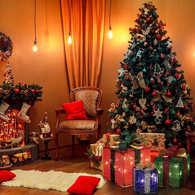 LuxenHome Set of 3 Lighted Gift Boxes, Plug-in Multi Color Boxes with Ribbon Bow for Xmas Holiday Display, Lawn, Porch, Under Tree Indoor, Outdoor Christmas Decoration.