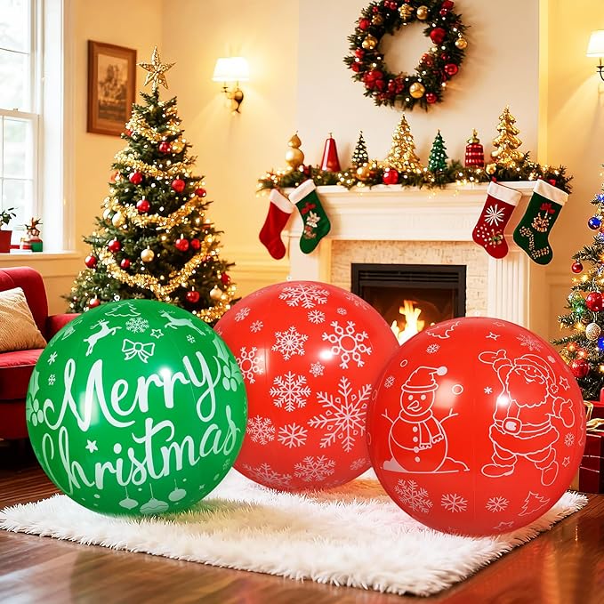 3 PCS 32 Inch Christmas Inflatable Balloons PVC Large Christmas Inflatable Outdoor Balls for Xmas Garden Lawn Yard Holiday Front Door Decoration