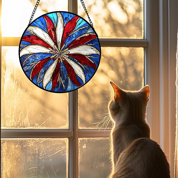 Stained Glass Window Hanging 4 Pcs Set Abstract Flowers In Red White Blue Large 11.8" - Suncatcher Door Garden Sun Catcher Decor Birthday Mother's Day Xmas Gift for Mom Woman Nana Men Parents