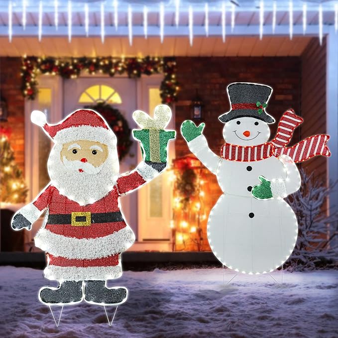 Christmas Santa Lighted Decoration Christmas Lighted Santa Clause with Gift Box Pre-Lit 102 LED Lights Decoration for Xmas Home Pathway Lawn Party Display