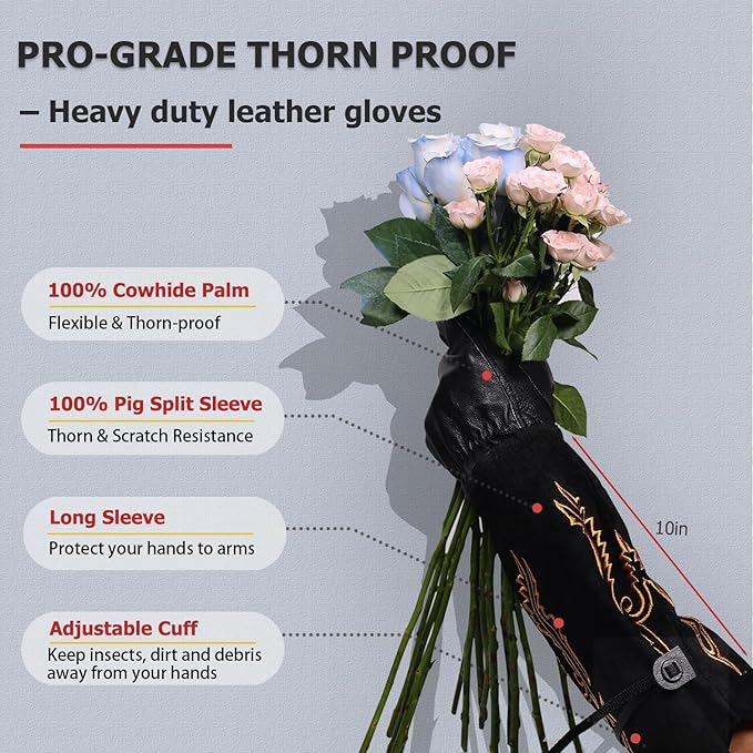 Gardening Gloves Thorn Proof for Rose Pruning & Cactus Trimming, Cowboy Western Style Long Leather Garden Gloves for Women & Men (Western Style, Medium)