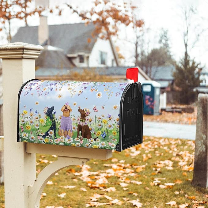 Spring Dog Mailbox Cover with Magnetic 21x18Inch Colorful Wildflower Butterfly Puppy Waterproof Mailbox Wrap Letter Post Cover Standard Size for Garden Yard Outdoor Season Outside Decor