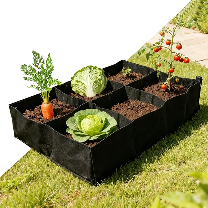 6 Grids Fabric Raised Garden Bed, 57 Gallon Rectangle Plant Grow Bags, Breathable Planting Containers for Growing Flowers, Fruits and Vegetables
