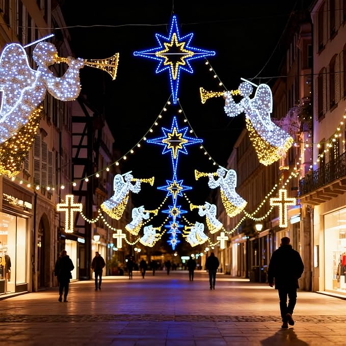 Outdoor Christmas Star of Bethlehem Large LED Star Window Plug Operated Lighted for Xmas Wall Window Indoor Outside Home Street Store Holiday Decorations(43'',Warm, Blue Light)