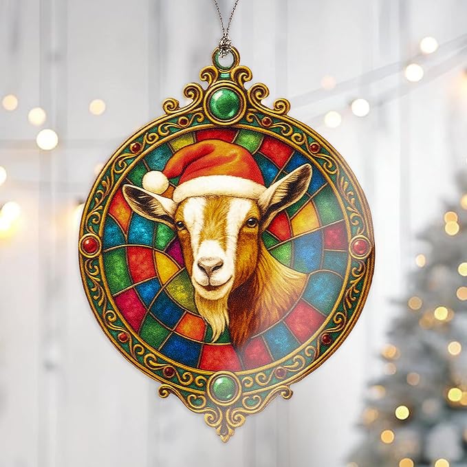 Goat Ornament – Farm Animal Christmas Decor – Funny Holiday Goat Gift – Rustic Farmhouse Ornament – Suncatcher Effect Window – White Elephant Gifts - Xmas Tree Funny Decoration
