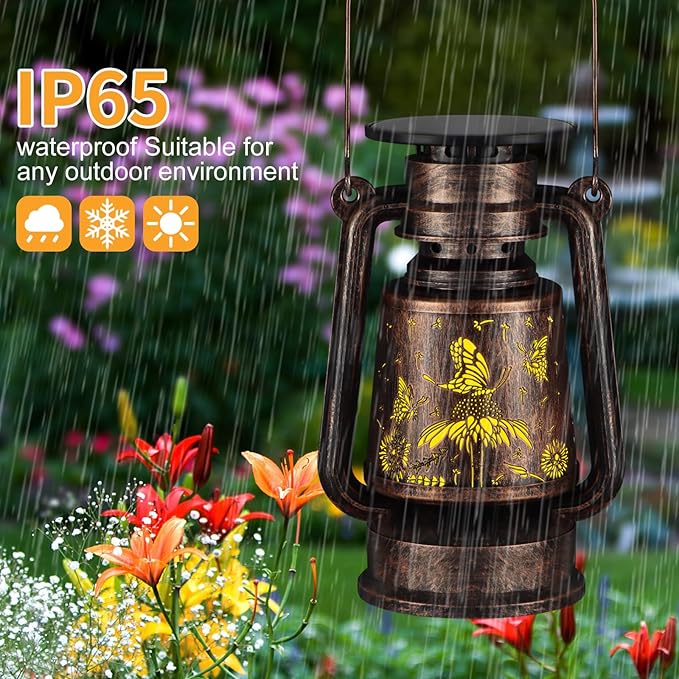 Solar Lantern Outdoor Hanging Vintage LED Waterproof Camping Light with Beautiful Graphics Landscape Decor for Yard,Patio,Porch,Lawn,Tabletop(Butterfly)
