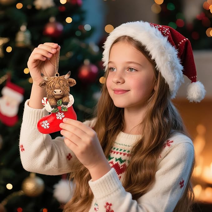 Chritmas Highland Cow Figurines Decor, 2 PCS Small Christmas Stockings Hidden Cows Gifts, Hanging Ornaments Xmas Resin Statue for Garden Bathroom Kitchen Home Table Decorations