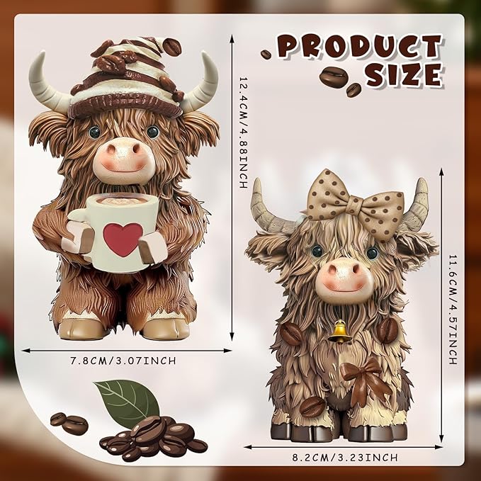 2 Pack Christmas Highland Cow Resin Figurine Decor Coffee Theme Highland Cow Gnomes Starfish Resin Statue for Garden Table Shelf Kitchen Home Coffee Bar Decor Calf Gnome Herd Gifts