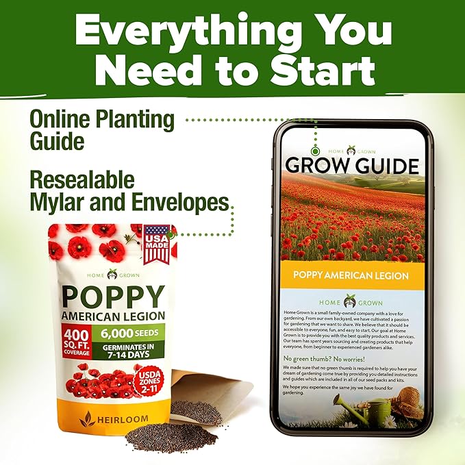 HOME GROWN American Legion Red Poppy Seeds - 6,000 Vibrant Wildflower Seeds for Planting Outdoors - Annual Poppy Flowers - Memorial Garden & Pollinator Friendly (Papaver rhoeas)