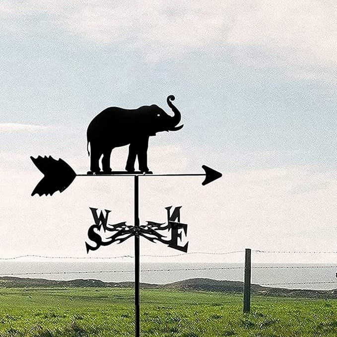 Vintage Metal Weather Vane Elephant Animal Shape Design Weathervane Wind Direction Indicator Metal Bracket for Garden Yard Roof