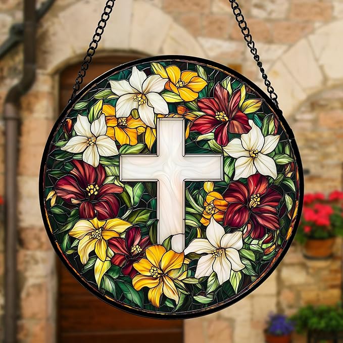 Stained Glass Window Hanging, Cross Flowers Sun Catchers Colorful Glass Panel Christianity Suncatcher Decor for Birthday for Women, Men, Wife, Aunt, and Mom 9.8 in