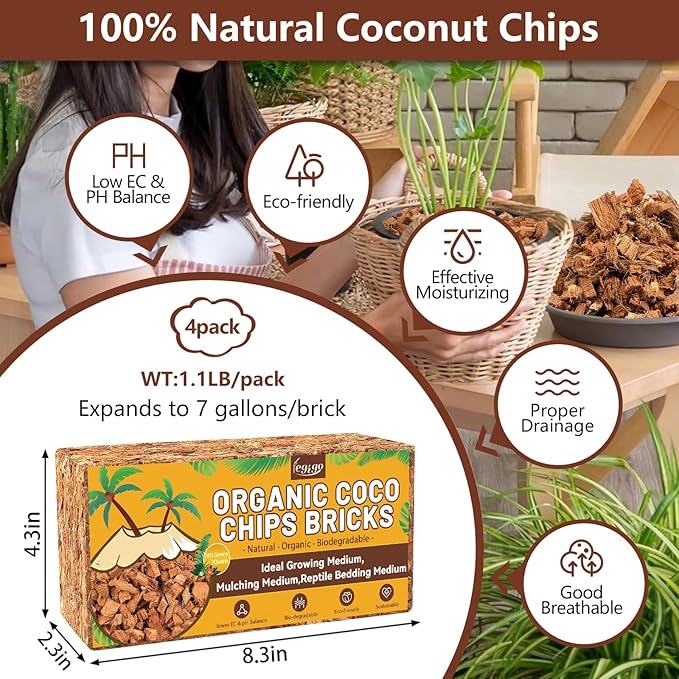 Legigo 4 Pack Coco Coir Chips for Plants- 4.4 LB 100% Organic Coconut Chips Brick Potting Mix with Low EC & PH Balance, Coconut Husk Substrate Coco Husk Mulch for Garden, Planting, Orchid and Soil Mix