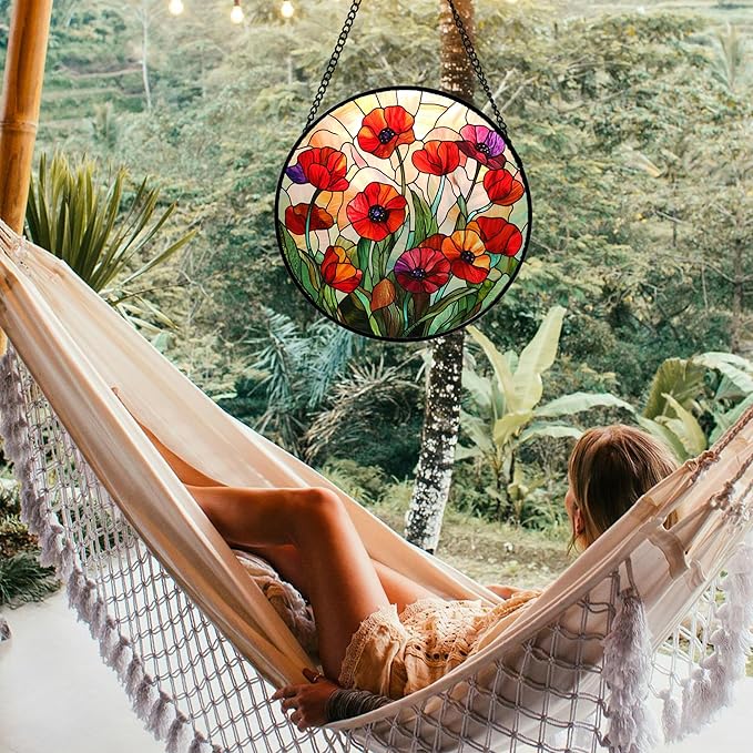 Stained Glass Window Hanging - Poppy Birth Flowers Suncatcher for Door Garden Yard Wildflowers Sun Catchers Decor Christmas Mother's Day Birthday Gifts for Women Mom Nana Friend 15 in