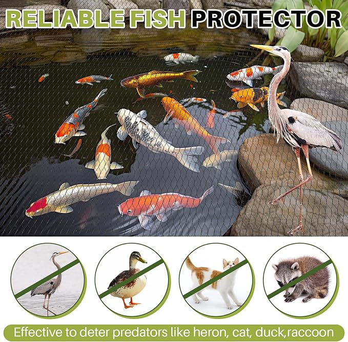 Koi Pond Netting Kit 28 x 30ft, Bird Deer Fence Netting, Durable Net Cover for Leaves, Heavy Duty Fine Mesh, Protect Fish from Blue Heron Birds, Cats & Predators, 35pcs Stakes & Ties Included