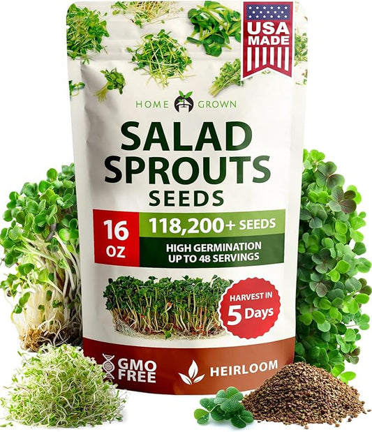 HOME GROWN 16oz Premium Sprouting Seeds Mix 118,200+ Microgreens Seeds for Indoor Growing - Non-GMO Broccoli, Alfalfa, Radish, Clover Sprouts Seed - Resealable Pack for Healthy Salad & Juicing