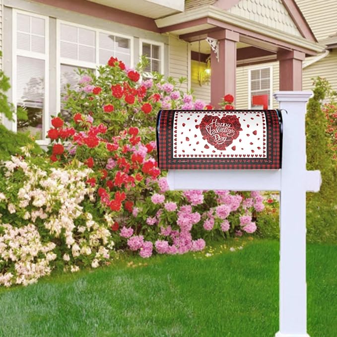 Valentines Day Love Heart Mailbox Cover - Magnetic, Black Red, Standard Size 18" X 21" for Outside Garden Decorations