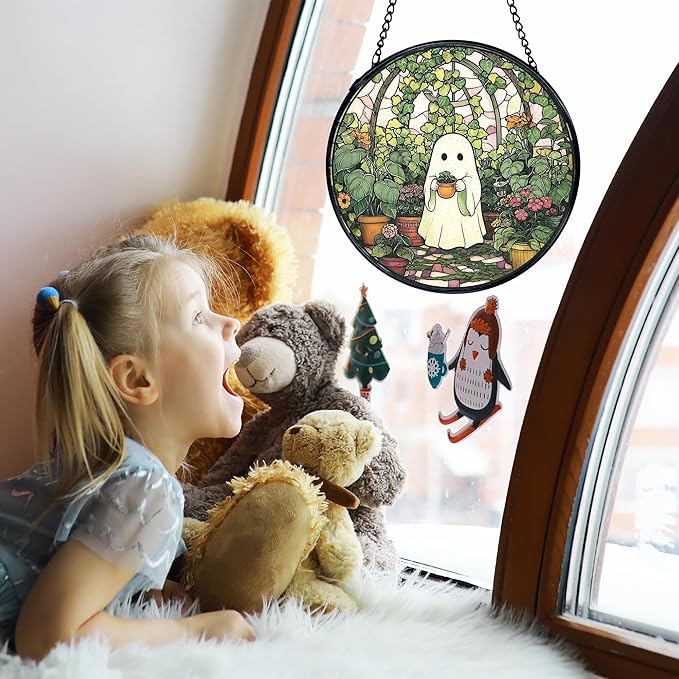 TNUW Halloween Ghost Stained Glass Window Hanging, Halloween Ghost Plant Sun Catchers Indoor Window Glass Round Wall Art Decor, Plant Lover Gifts for Women Wall Hanging Decorations, 7.9＂x7.9＂