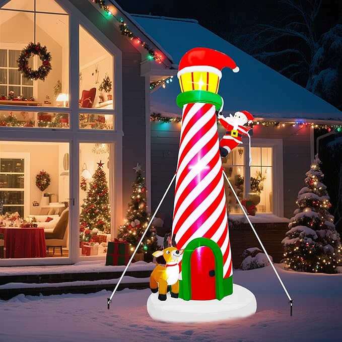 10FT Christmas Inflatable Yard Decoration, Giant Blow Up Lighthouse with Santa and Reindeer with Built-in LED Lights & Drawstring Bags for Yard Lawn Garden Holiday Outdoor Decor
