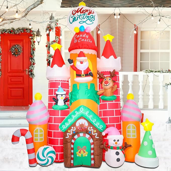 9.6 FT Christmas Inflatable Decorations, Inflatable Candy Castle with Santa, Snowman and Reindeer Blow Up Castle Yard Decorations Built-in LED Lights for Xmas Garden Lawn Patio Decor
