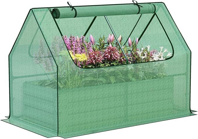 Aoodor Raised Garden Bed Kit, 4x2x1 FT Galvanized Planter Box with PE Cover, Screen Windows for Gardening, Green
