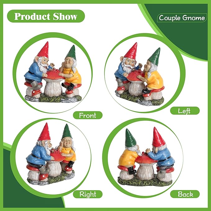 Garden Gnome Statue for Outdoor Decoration, Couple Gnome Figurine on Mushroom for Outside, Garden Mr and Mrs Gnome Playing Chess Sculptures for Yard Lawn Patio Decor, Love Gifts for Women