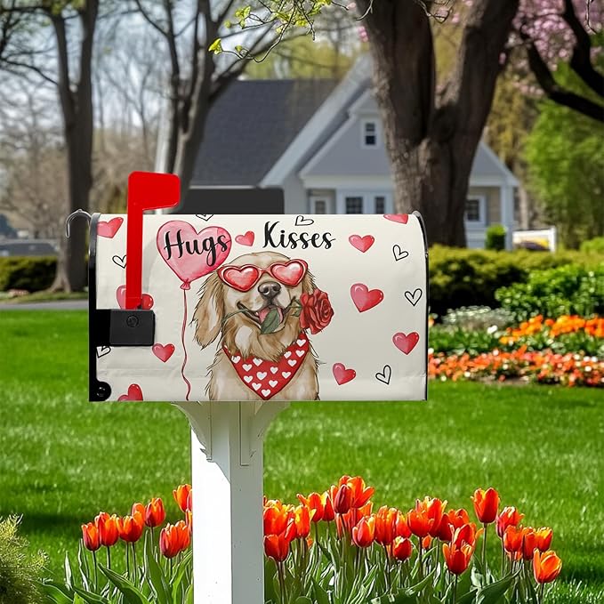 Valentine Mailbox Covers Magnetic Pink Love Heart Mailbox Cover Standard Size 21x18 Inch Golden Retriever Decorative Mailboxes for Outside Garden Yard