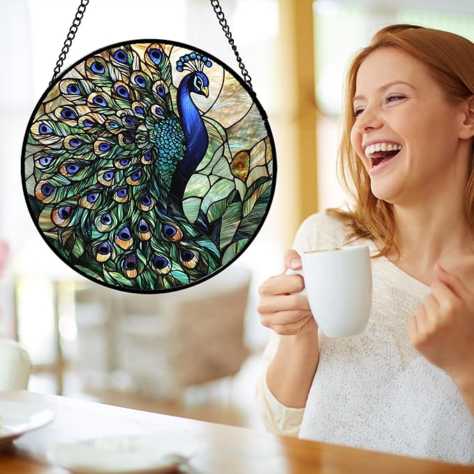 Stained Glass Window Hanging, Turquoise Peacock Sun Catcher for Door Home Decor Blue Green Suncatcher Christmas Mother's Day Birthday Gifts for Women Men Mom and Nana 11.8 in