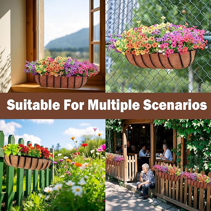 2 Pcs 24“ Railing Planter Window Box Deck Railing Planter Boxes with Coco Liner English Horse Trough Planters Metal Wall-Mounted Planters Basket for Outdoor Balcony Porch Fence Patio Rail