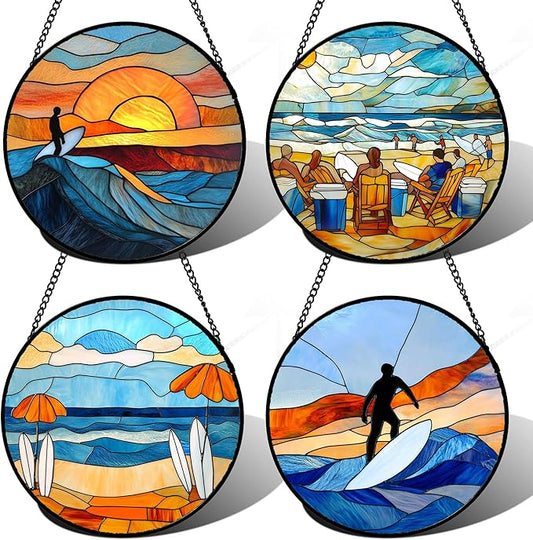 Stained Glass Window Hanging 4 Pcs Set Blue Ocean Surfing Beach Large 11.8" - Suncatcher Door Garden Sun Catcher Decor Birthday Mother's Day for Firefighte Men Woman Nana Mom
