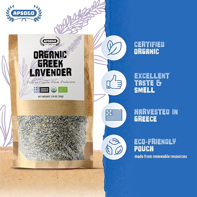 Apsogo Organic Greek Lavender – Premium Dried Flowers (1.76 oz), Organic Herbal Lavender Tea & Culinary Use, Whole Buds in Resealable Pouch
