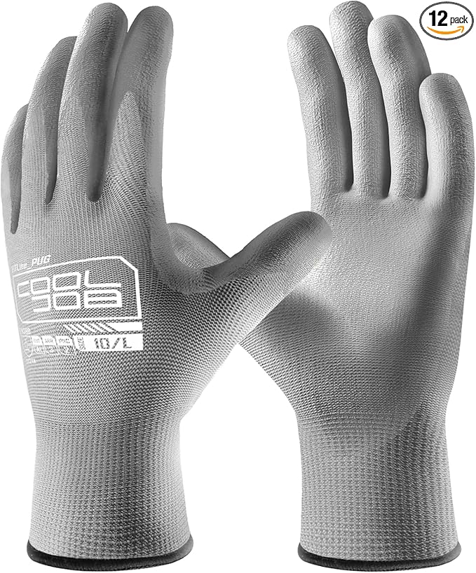 COOLJOB 12/60 Pairs Safety Work Gloves Pack Bulk with Grip PU Coating, 13 Gauge Seamless Knit Gloves with Polyurethane Dipped for Warehouse Working, Breathable Lightweight for Men Women, Grey Xlarge