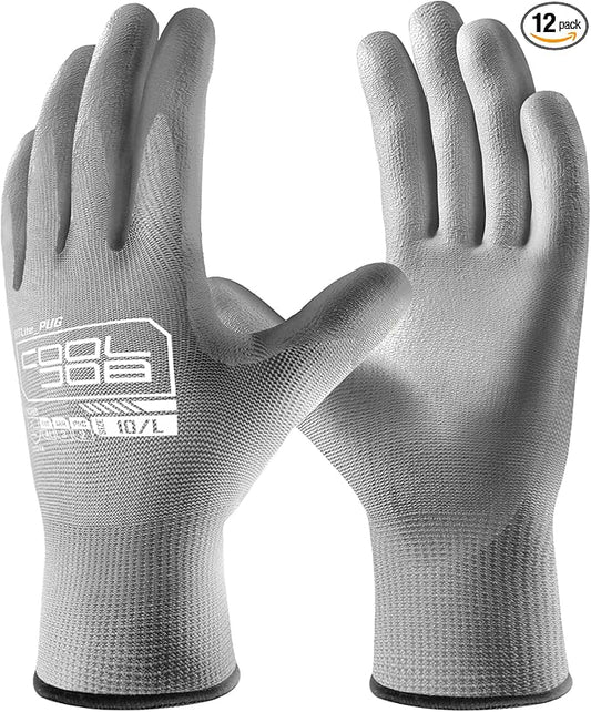 COOLJOB 12/60 Pairs Safety Work Gloves Pack Bulk with Grip PU Coating, 13 Gauge Seamless Knit Gloves with Polyurethane Dipped for Warehouse Working, Breathable Lightweight for Men Women, Grey Small