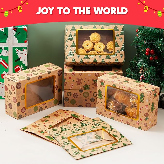 JOYIN 12 PCS Foiled Christmas Cookie Boxes for Gift Giving, 8.75" x 5.75" x 2.75” Bakery Boxes with Window, 3 Design Brown Kraft Cardboard Treat Box for Xmas Holiday Pastries Cupcakes Doughnut Wrap