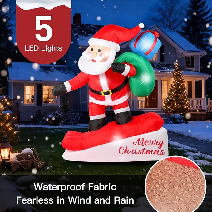 6FT Christmas Inflatables Decorations Outdoor，Blow Up Skiing Santa Claus with Built-in LEDs Lights for Indoor Holiday Party Yard Garden Lawn Décor