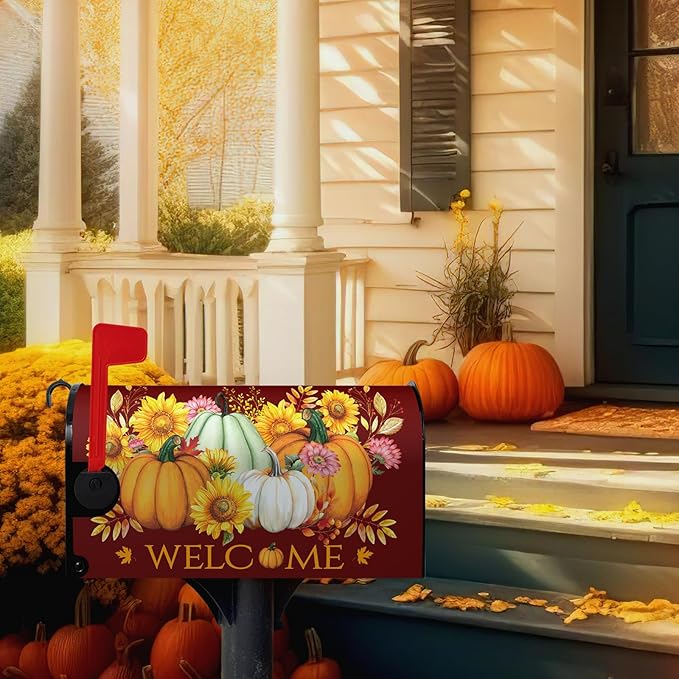 Fall Pumpkin Mailbox Cover Magnetic Autumn Sunflower Maple Leaves Mailbox Cover Standard Size 21 x 18 Inch Thanksgiving Welcome Post Box Covers Wraps Home Garden Decor for Outdoor