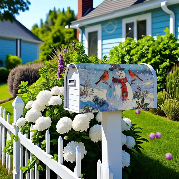 Winter Snowman Mailbox Covers Magnetic Standard Size Blue White Red Cardinal Bird Christmas Holiday Outdoor Decorative Seasonal Letter Box Cases for Home Garden Outside Decor, 21x18 Inch